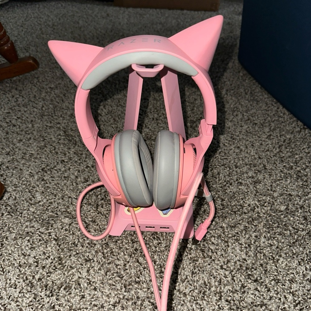 The Razer Kraken RGB USB Gaming Headset Kitty Edition with stand